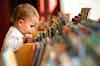 a baby looking at books