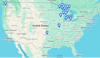 a map of the united states with blue pins